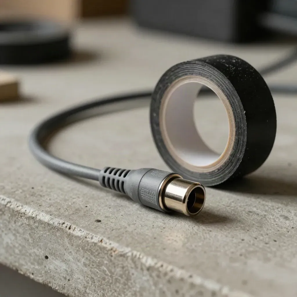 Nahaufnahme von grauem Audiokabel, XLR-Stecker und Gaffa-Rolle auf Beton.