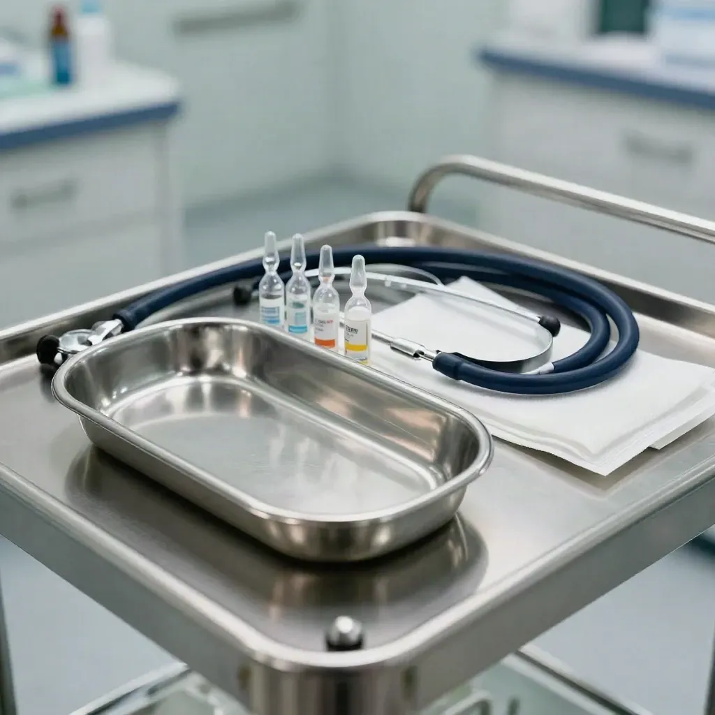 Steriles medizinisches Set mit Stethoskop, Ampullen und Metallnierenschale auf gebürstetem Metall.