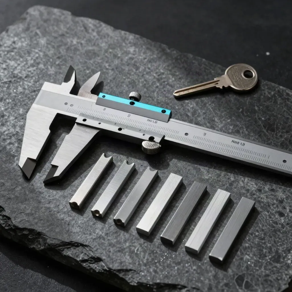 Caliper, Abstandshalter und Aluminiumreste auf Basaltstein im dramatischen Studio-Licht