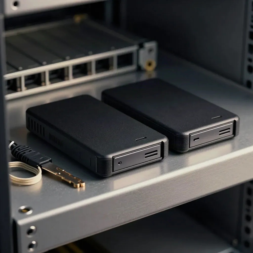Zwei robuste Backup-SSDs und ein Laufwerks-Caddy auf einer dunklen Metallfläche im Serverraum.