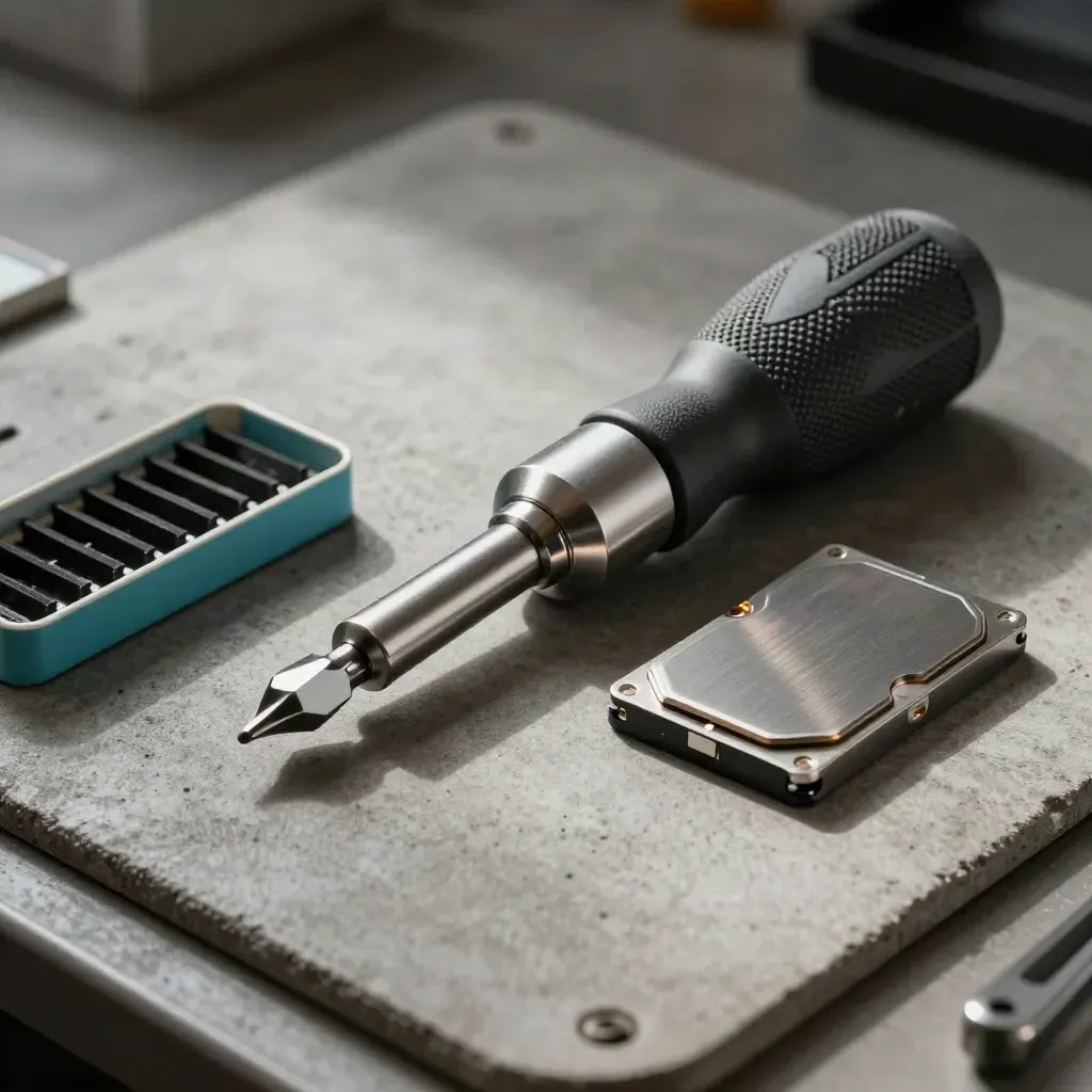 Torx-Schraubendreher, Antistatik-Schale und SSD auf grauer Fläche im Makro.