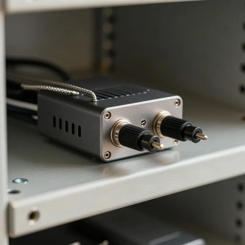 Rack-Temperatursensor mit zwei Kabelsonden auf Metallablage