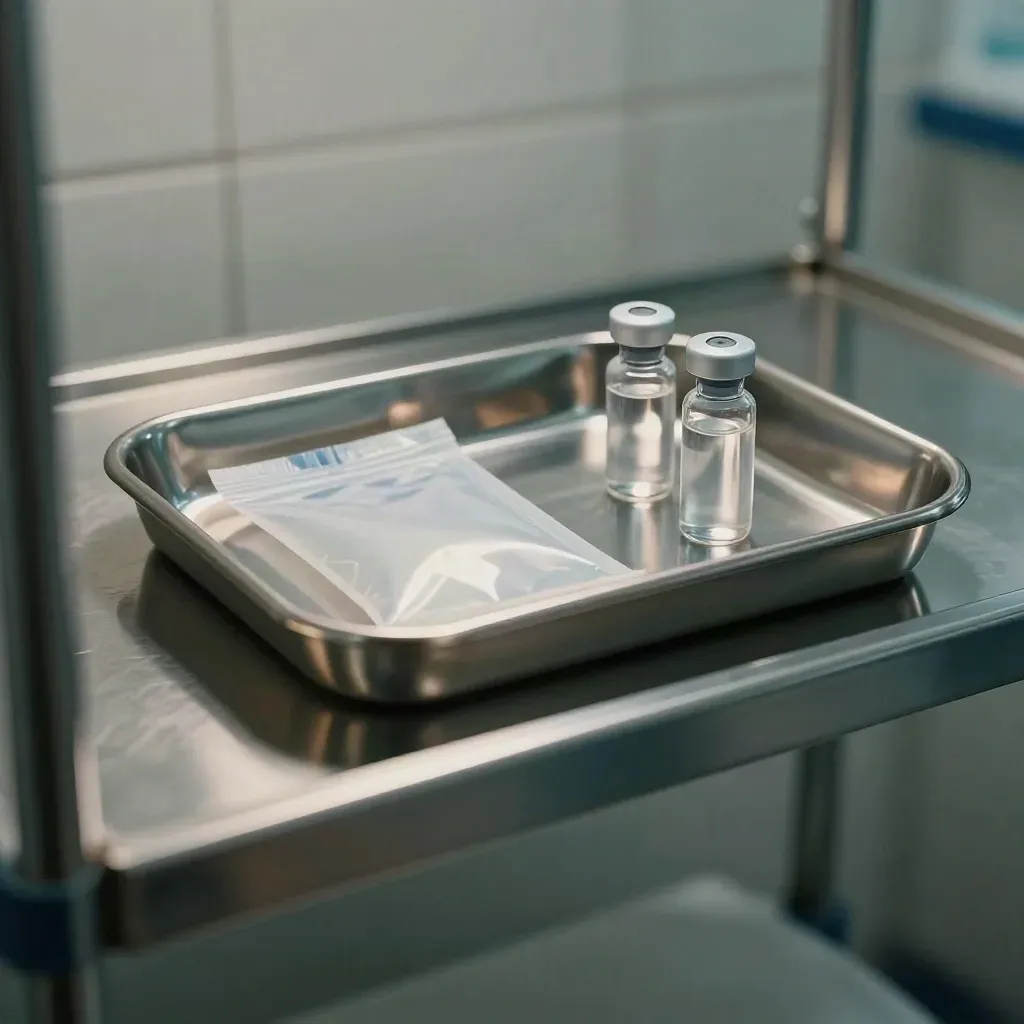 Sterile Instrumentenschale mit Probenröhrchen hinter milchiger Glaskante im Kliniklicht
