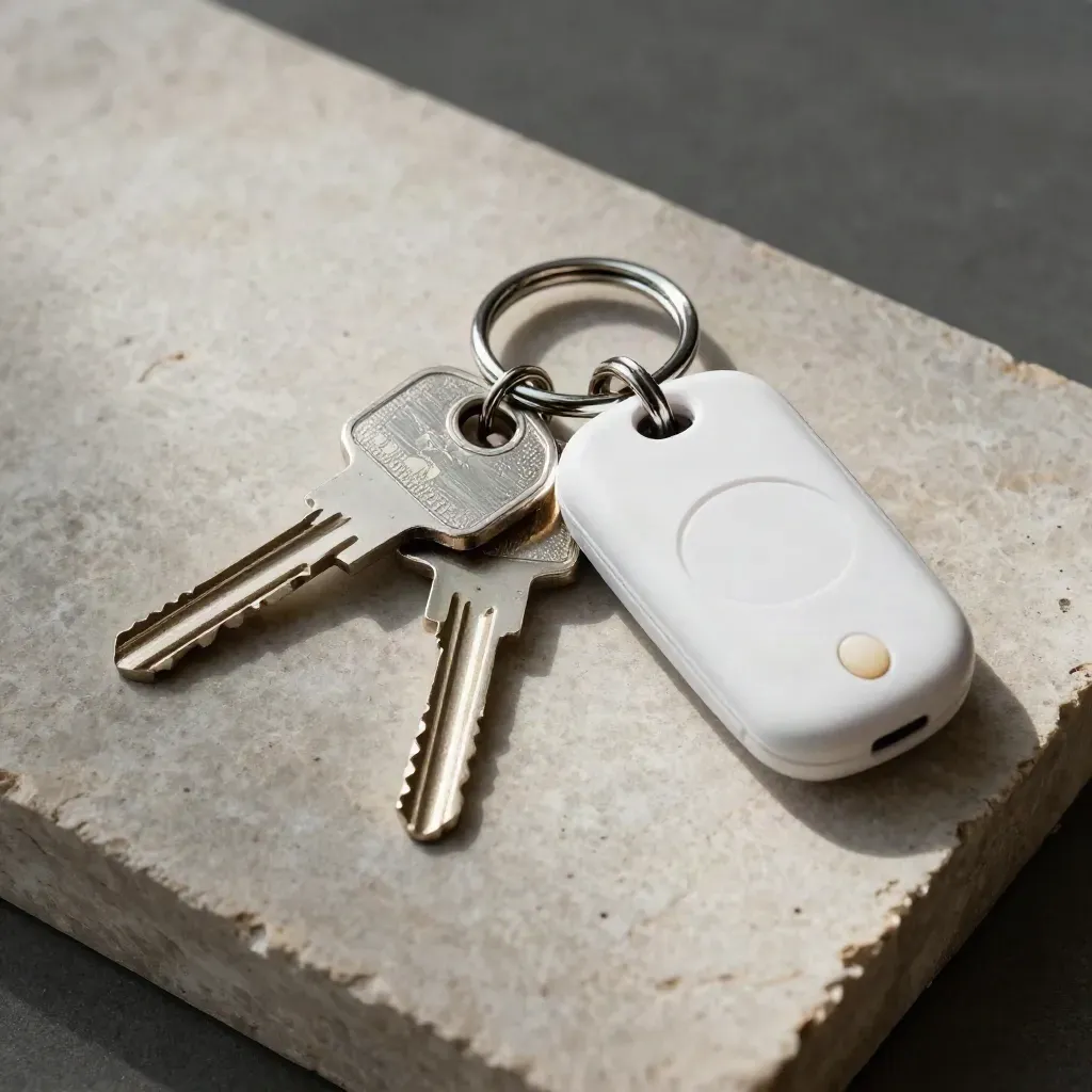 Schlüsselring mit Server-Schlüsseln, RFID-Fob und Zutritts-Token auf hellem Stein