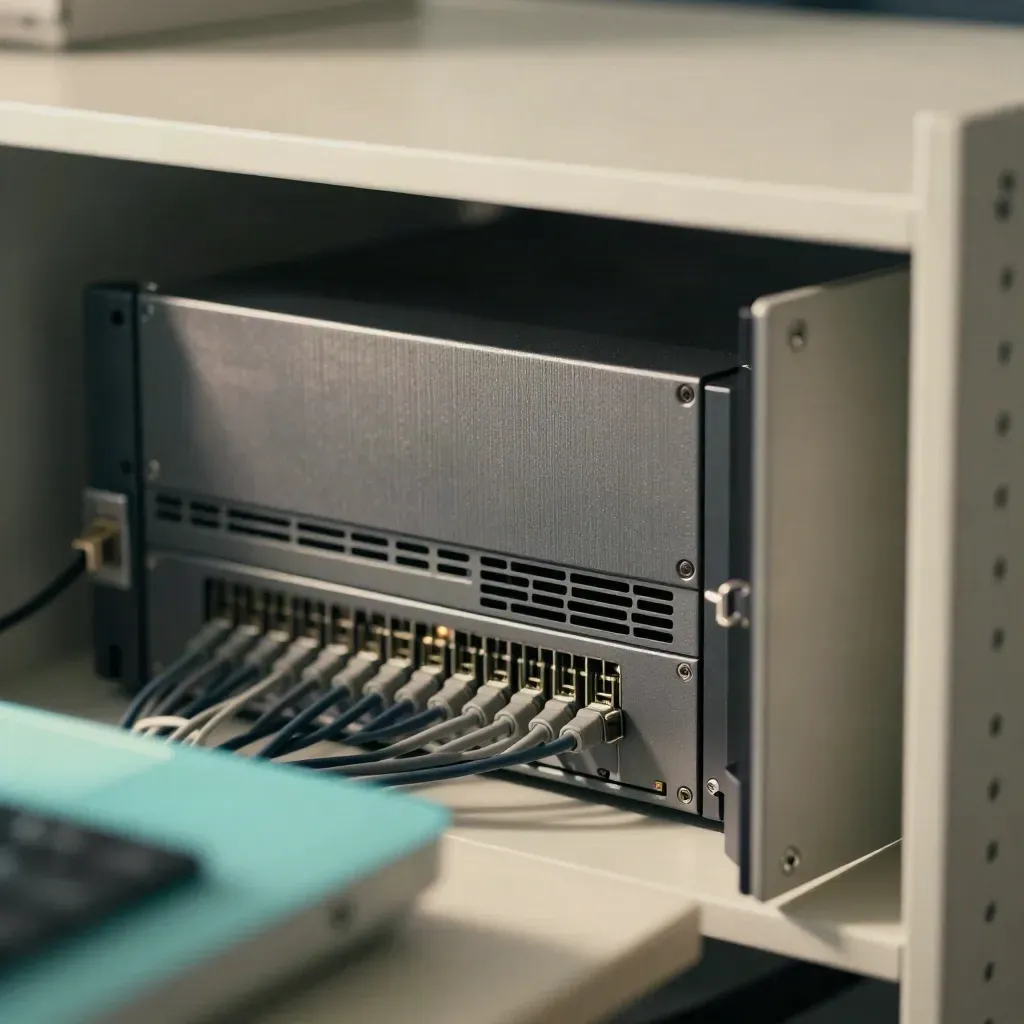Server, USV und Patchkabel im offenen Serverschrank, durch Lamellen fotografiert.