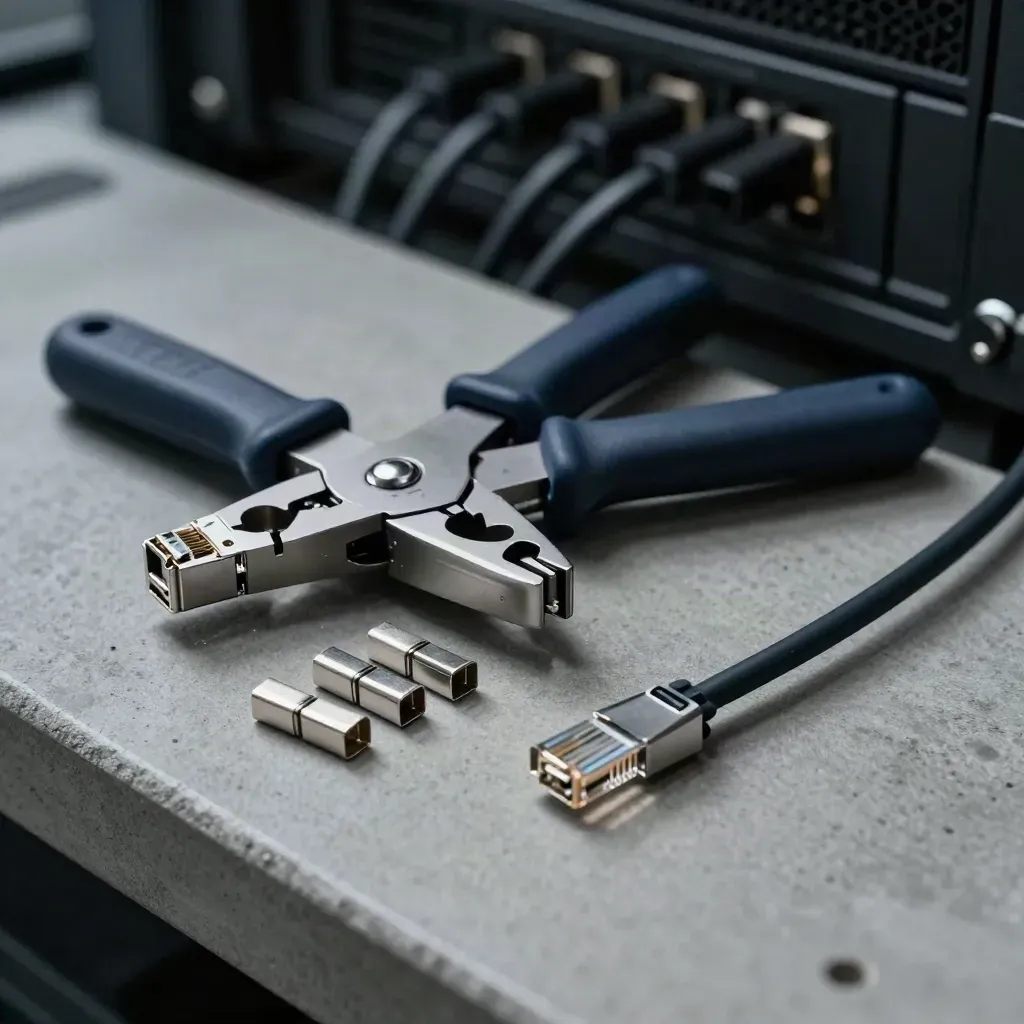 Crimpzange, RJ45-Kuppler und Ferrulenhülsen auf grauem Beton im Serverumfeld