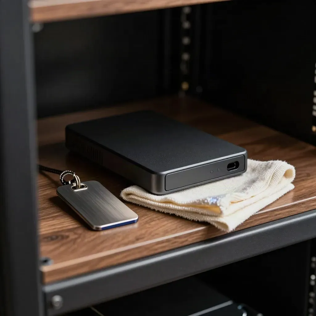 Mattschwarze externe Festplatte, Schlüsselanhänger und Mikrofasertuch vor dunklem Serverrack.