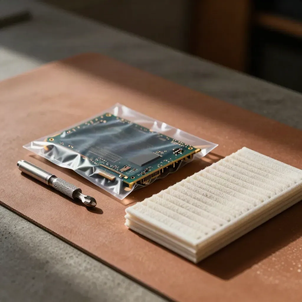 Firmware-SSD, Torx-Bits und Fanfilter auf neutralem Untergrund im Licht