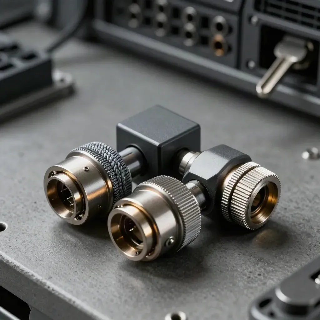 Sensorstecker, Relaismodul und Kupplung auf dunkler Betonfläche, dramatisch beleuchtet.