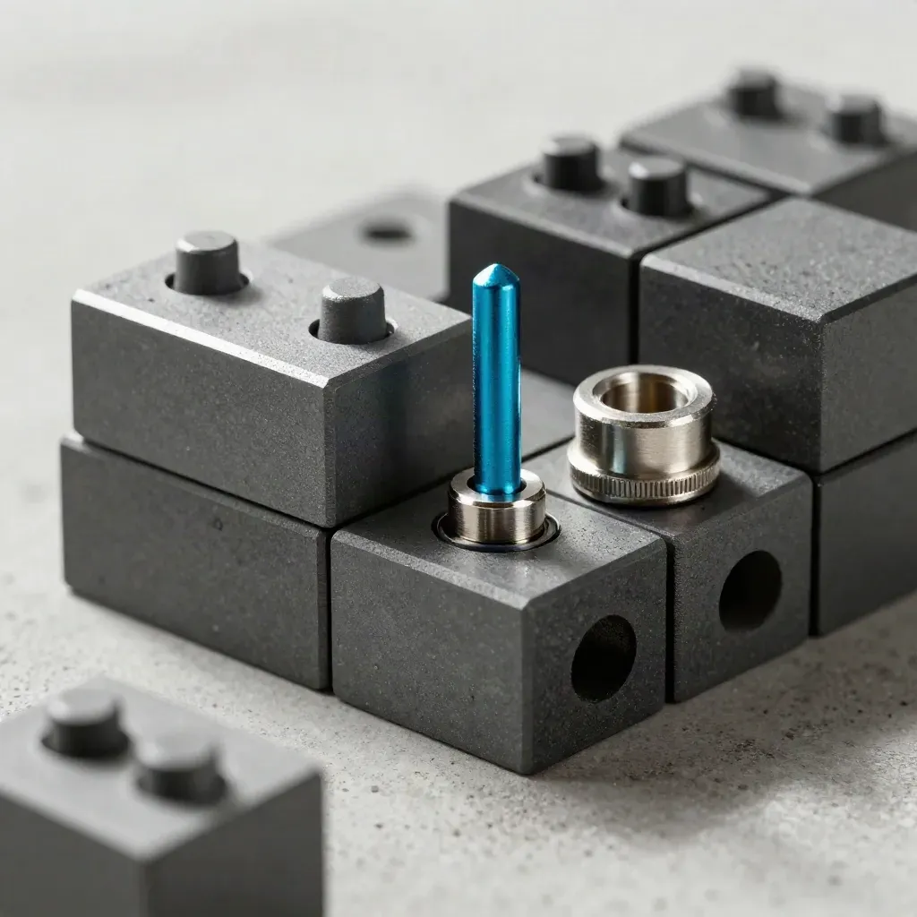 Graphitblöcke und Steckpins auf hellem Beton, mit einem kleinen cyanfarbenen Akzent.