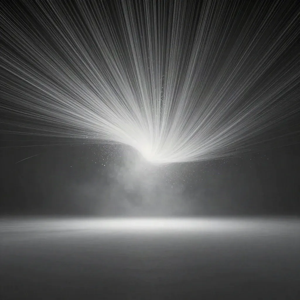 Silberne Lichtfäden im dunklen Dunst, mit hellem Glanzpunkt und viel freier Fläche.