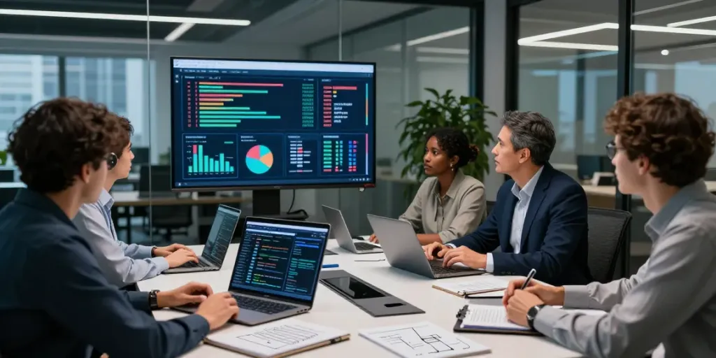 IT Security Frankfurt: Experte berät Unternehmen zu Cyber-Risiken in modernem Büro.
